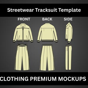 Op de afbeelding: Een lichtgele streetwear trainingspak sjabloon, weergegeven in voor-, achter- en zijaanzicht. De jas heeft een ritssluiting en de broek is wijd. De tekst "Streetwear Tracksuit Template" en "CLOTHING PREMIUM MOCKUPS" zijn zichtbaar.