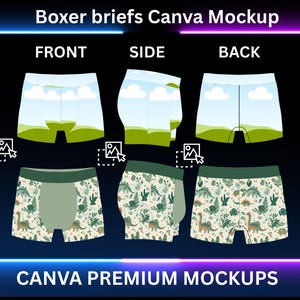 May include: Boxer briefs mockup with front, side, and back views. The briefs feature a green waistband and a light beige fabric with a pattern of green plants and dinosaurs. The text "Boxer briefs Canva Mockup" and "CANVA PREMIUM MOCKUPS" are displayed.