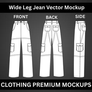 Wide-Leg Jeans Vector Mockup, Flared Denim Pants Technical Drawings, Ready-to-Use Customizable Tech Pack Template,Editable Jeans Flat Sketch