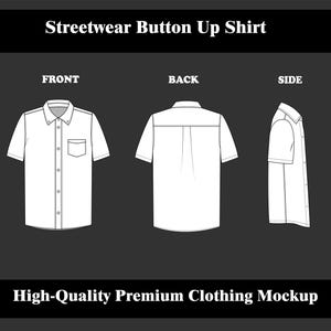 May include: A white short-sleeved button-up shirt mockup, shown from front, back, and side views. The front view shows a pocket and button details. The text "Streetwear Button Up Shirt" and "High-Quality Premium Clothing Mockup" are displayed.