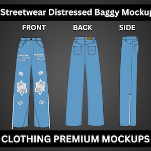 Streetwear Distressed Baggy Oversized Denim Jeans Fashion Sketch Mockup Template Vector Illustrator ProCreate Canva D3