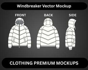 Pode incluir: Maquete vetorial de uma jaqueta corta-vento branca, exibida nas vistas frontal, traseira e lateral. A jaqueta possui capuz, zíper e bolsos. O texto "Windbreaker Vector Mockup" e "CLOTHING PREMIUM MOCKUPS" são exibidos.