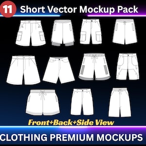 Puede incluir: Una colección de maquetas de shorts blancos en varios estilos, incluyendo shorts cargo y con cordón. La imagen incluye el texto "11 Short Vector Mockup Pack" y "Front+Back+Side View". El fondo es azul oscuro con degradado.