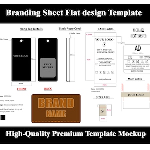 May include: A branding sheet flat design template with various label designs. Includes hang tag details, care label, neck label, and size label. The template features a brown rectangular label with the words "BRAND NAME".