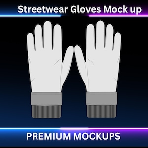 May include: A pair of white streetwear gloves with gray ribbed cuffs. The gloves are displayed against a black background with blue and purple neon accents. Text at the top reads "Streetwear Gloves Mock up" and at the bottom "PREMIUM MOCKUPS."