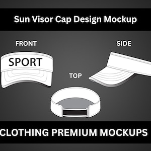 Puede incluir: Una maqueta de diseño de gorra con visera blanca con la palabra "SPORT" en la parte delantera. La imagen muestra las vistas frontal, lateral y superior de la visera, con el texto "CLOTHING PREMIUM MOCKUPS" en la parte inferior.