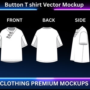 Könnte beinhalten: Vektor-Mockup eines weißen Button-T-Shirts, Vorder-, Rück- und Seitenansicht. Das Shirt hat einen geknöpften Ausschnitt und graue Akzente an den Ärmeln. Der Text "Button T shirt Vector Mockup" und "CLOTHING PREMIUM MOCKUPS" wird angezeigt.
