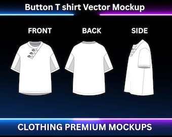 May include: White button t-shirt vector mockup, front, back, and side views. The shirt has a buttoned neckline and gray accents on the sleeves. The text "Button T shirt Vector Mockup" and "CLOTHING PREMIUM MOCKUPS" are displayed.