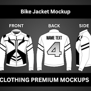 May include: A white and black bike jacket mockup with front, back, and side views. The front view shows a zippered jacket with black accents. The back view displays a number 4 and "NAME TEXT". The image includes the text "Bike Jacket Mockup" and "CLOTHING PREMIUM MOCKUPS".