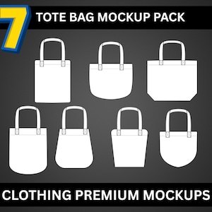 May include: A mockup pack featuring seven white tote bags in various shapes and styles. The image includes the text "7 TOTE BAG MOCKUP PACK" and "CLOTHING PREMIUM MOCKUPS" on a dark gray background. The number 7 is in yellow and blue.