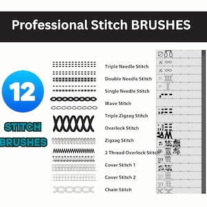 12  Professional Stitch Brushes for Adobe Illustrator | Overlock, Chainstitch, Coverstitch | Fashion Flat Tech Pack Brush Set (AI File)