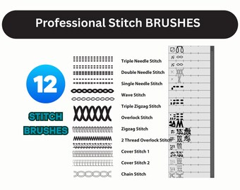 12  Professional Stitch Brushes for Adobe Illustrator | Overlock, Chainstitch, Coverstitch | Fashion Flat Tech Pack Brush Set (AI File)
