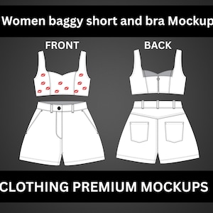 Puede incluir: Maqueta de un conjunto de dos piezas blanco. La vista frontal muestra un top corto con estampados de labios rojos y pantalones cortos holgados. La vista posterior muestra el top corto y los pantalones cortos. El texto en la parte superior dice "Women baggy short and bra Mockup".