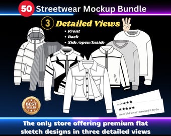 50+ Streetwear Mockups & Fashion Vector Bundle Pack - Fashion Design Tech Pack Template - Procreate PNG Mockup and Fashion Vector Flats