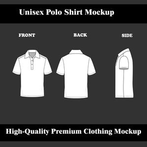 May include: White polo shirt mockup with front, back, and side views. The shirt has a collar, buttons, and short sleeves. Text at the top reads "Unisex Polo Shirt Mockup" and at the bottom "High-Quality Premium Clothing Mockup".