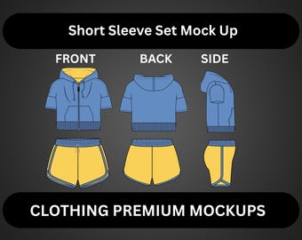 Y2K Crop Track Set Short Sleeve Short Set Mock Up for Fashion Design Tech Pack Technical Flat Sketch CAD Ai Editable Vector Template
