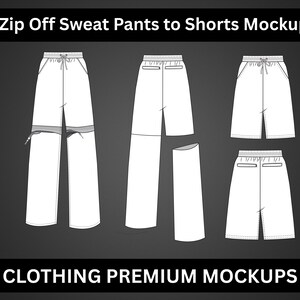 Puede incluir: Maqueta de pantalones deportivos con cremallera que se convierten en pantalones cortos. El diseño se muestra en blanco sobre un fondo gris oscuro. El texto "Zip Off Sweat Pants to Shorts Mockup" y "CLOTHING PREMIUM MOCKUPS" es blanco.