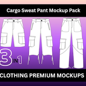 Puede incluir: Un paquete de maquetas con tres diseños de pantalones de chándal cargo blancos. Los diseños incluyen pantalones cortos, pantalones largos y pantalones capri. El texto en la parte superior dice "Cargo Sweat Pant Mockup Pack" y el texto en la parte inferior dice "CLOTHING PREMIUM MOCKUPS".