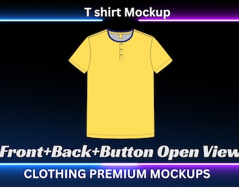May include: Yellow t-shirt mockup with a blue and gray collar and three buttons. The text "T shirt Mockup", "Front+Back+Button Open View", and "CLOTHING PREMIUM MOCKUPS" are displayed on a black background with blue and purple neon accents.