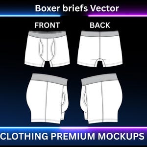 Puede incluir: Ilustración vectorial de bóxers blancos, mostrados desde la vista frontal, trasera y lateral. Los bóxers tienen una cinturilla gris. El texto en la parte superior dice "Boxer briefs Vector" y en la inferior "CLOTHING PREMIUM MOCKUPS".