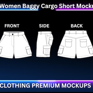 Puede incluir: Una maqueta blanca de pantalones cortos cargo holgados, mostrados desde la vista frontal, lateral y trasera. Los pantalones cortos tienen bolsillos en los laterales y en la parte trasera. El texto dice "Women Baggy Cargo Short Mockup" y "CLOTHING PREMIUM MOCKUPS".