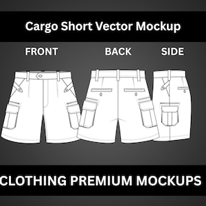 Puede incluir: Una maqueta vectorial de pantalones cortos cargo, mostrados desde la vista frontal, trasera y lateral. Los pantalones cortos son blancos con bolsillos y una cintura visibles. La imagen incluye el texto "Cargo Short Vector Mockup" y "CLOTHING PREMIUM MOCKUPS".
