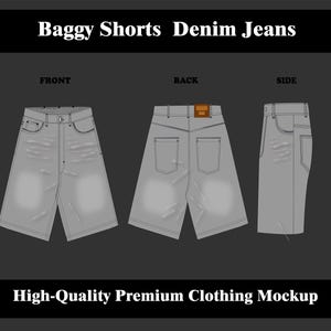 Puede incluir: Ilustración digital de pantalones cortos vaqueros grises holgados, mostrados desde la vista frontal, trasera y lateral. Los pantalones cortos tienen bolsillos y un parche de cuero marrón. El texto "Baggy Shorts Denim Jeans" y "High-Quality Premium Clothing Mockup" están arriba y abajo.