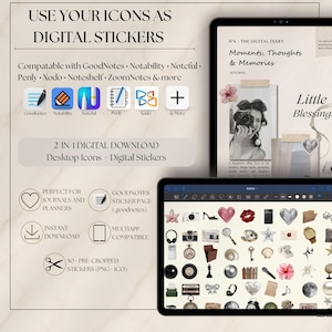 May include: A digital download set featuring icons and stickers for apps like GoodNotes, Notability, and Xodo. The image displays a tablet screen showing a digital diary page and a collection of fifty pre-cropped PNG and ICO sticker files.