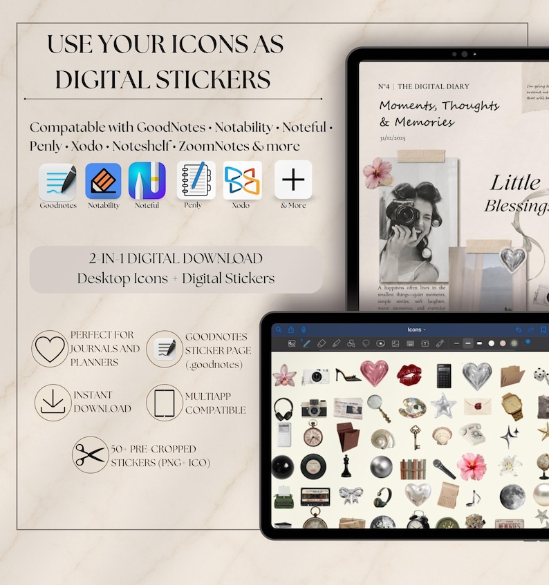 May include: A digital download set featuring icons and stickers for apps like GoodNotes, Notability, and Xodo. The image displays a tablet screen showing a digital diary page and a collection of fifty pre-cropped PNG and ICO sticker files.
