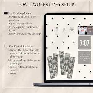 May include: A digital display showing instructions titled HOW IT WORKS (EASY SETUP) for desktop icons and digital stickers. The screen features a cream background with black polka dots, app icons, a clock widget, and photo booth strip graphics.