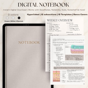 May include: A digital notebook displayed on a tablet screen with a cream-colored cover and the word NOTEBOOK centered. Beside it, a weekly overview page shows handwritten biology notes, a diagram of the olfactory pathway, and text headers.