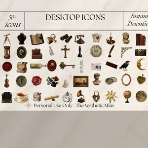 Dark Academia-bureaubladpictogrammen: vintage stickers, digitale planner (PNG/ICO)