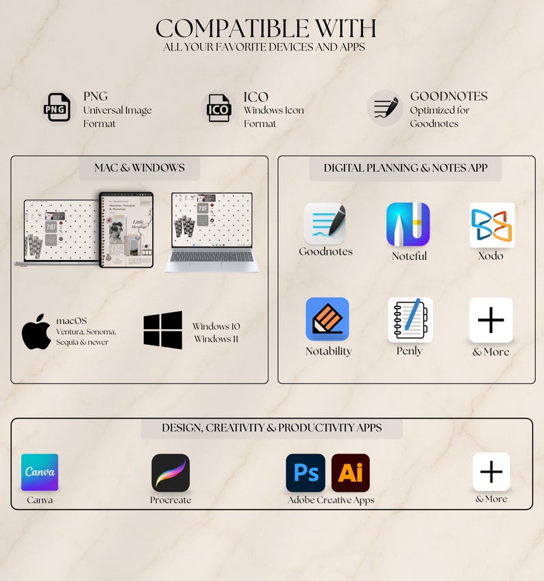 May include: A compatibility chart titled COMPATIBLE WITH ALL YOUR FAVORITE DEVICES AND APPS. It lists PNG, ICO, and Goodnotes formats, alongside icons for Mac, Windows, and various digital planning, notes, design, and productivity applications.