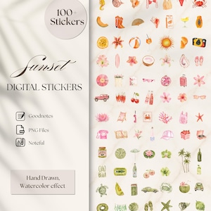 Könnte beinhalten: Eine Sammlung von über 100 digitalen Stickern mit Aquarellillustrationen zu Strand-, Sommer- und Reisethemen. Das Set enthält Symbole von Muscheln, Früchten, Blumen, Fahrzeugen und Kleidung, die in einem Rasterlayout angeordnet sind.