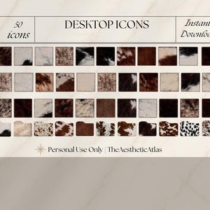 Puede incluir: Una colección de 50 iconos de escritorio con varios patrones de piel de vaca y estampados de animales en marrón, negro y blanco. El conjunto incluye iconos cuadrados y con forma de carpeta con el texto DESKTOP ICONS, 50 icons, Instant Download.