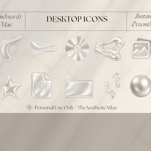May include: A set of ten 3D metallic silver desktop icons for Windows and Mac, including shapes like a star, a sphere, a folder, a PDF document, and abstract forms. The text reads Windows & Mac, DESKTOP ICONS, Instant Download, and Personal Use Only.
