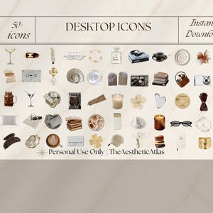 May include: An assortment of desktop icons, including a champagne glass, perfume bottle, books, and a camera, are arranged on a cream-colored background. The text "Desktop Icons" and "Instant Download" are displayed at the top. The image also includes the text "Personal Use Only".