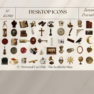 May include: A collection of over 50 digital desktop icons featuring vintage and dark academia imagery, including a telescope, books, hourglass, skull, typewriter, globe, and moon. The text reads 50+ icons, DESKTOP ICONS, Instant Download, Personal Use Only, TheAestheticAtlas.