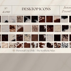 May include: A digital collection of over 50 desktop icons featuring various brown, white, and black cowhide and animal print patterns. The set includes square icons and folder-shaped icons with text reading DESKTOP ICONS, 50+ icons, and Instant Download.