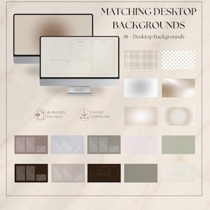May include: A collection of 18 digital desktop backgrounds featuring neutral color palettes, including solid, gradient, plaid, and polka dot patterns. Some designs include organized sections for desktop icons, labeled as 4K high res PNG files.