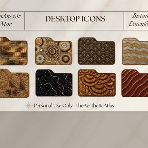 May include: A set of eight digital desktop icons for Windows and Mac featuring various beaded and textured patterns in shades of gold, brown, and black. The text reads Windows & Mac, DESKTOP ICONS, Instant Download, and Personal Use Only | TheAestheticAtlas.