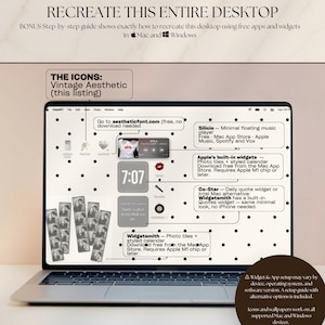 May include: A laptop screen displaying a desktop interface with a white background featuring black polka dots. The screen includes various widgets, icons, and text labels explaining how to recreate the layout, including references to Mac and Windows.