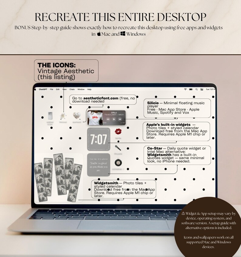 May include: A laptop screen displaying a desktop interface with a white background featuring black polka dots. The screen includes various widgets, icons, and text labels explaining how to recreate the layout, including references to Mac and Windows.