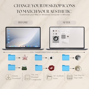 May include: A digital graphic showing a before and after comparison of computer desktop icons. Text reads: CHANGE YOUR DESKTOP ICONS TO MATCH YOUR AESTHETIC. Customize your Mac or Windows Computer in Minutes. Icons transform into images like flowers, cameras, and moons.