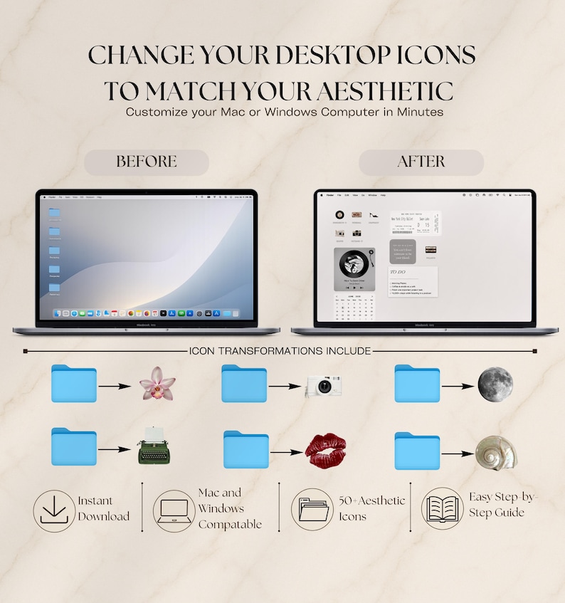 May include: A digital graphic showing a before and after comparison of computer desktop icons. Text reads: CHANGE YOUR DESKTOP ICONS TO MATCH YOUR AESTHETIC. Customize your Mac or Windows Computer in Minutes. Icons transform into images like flowers, cameras, and moons.
