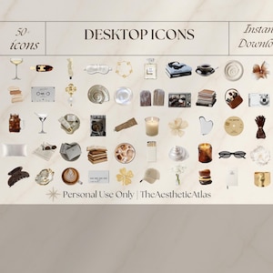 May include: A digital collection of over 50 desktop icons featuring neutral-toned lifestyle imagery including coffee, books, flowers, fashion accessories, and seashells. The graphic includes the text DESKTOP ICONS, 50+ icons, Instant Download, Personal Use Only, and TheAestheticAtlas.