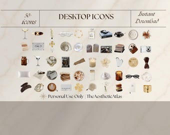 May include: A digital collection of over 50 desktop icons featuring neutral-toned lifestyle imagery including coffee, books, flowers, fashion accessories, and seashells. The graphic includes the text DESKTOP ICONS, 50+ icons, Instant Download, Personal Use Only, and TheAestheticAtlas.