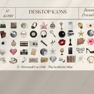 May include: A collection of over 50 digital desktop icons featuring various objects including a typewriter, headphones, flowers, a pocket watch, a key, a camera, a cassette tape, a globe, books, dice, a bow, a high heel shoe, and a telephone.