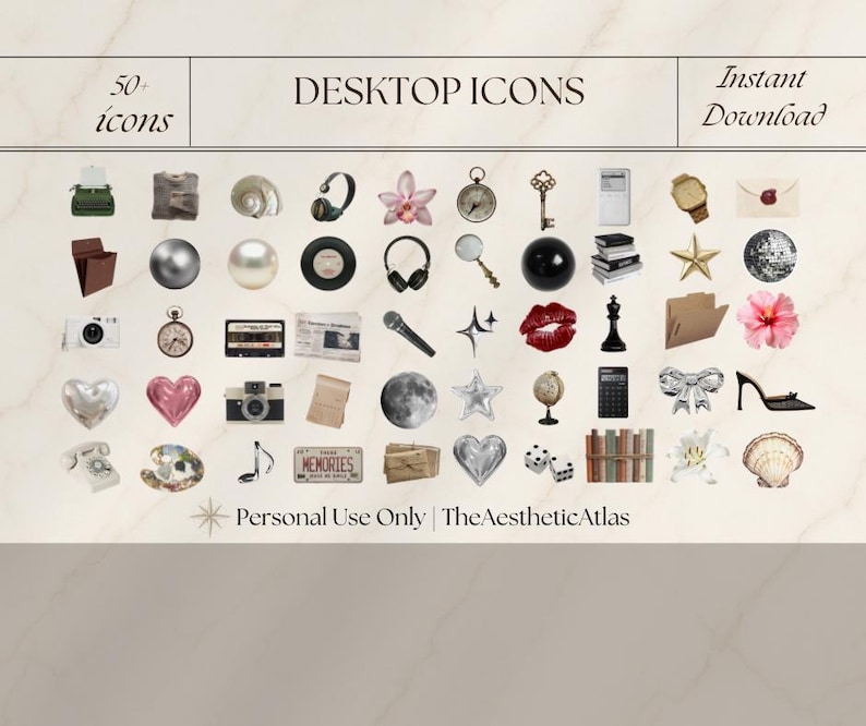 May include: A collection of over 50 digital desktop icons featuring various objects including a typewriter, headphones, flowers, a pocket watch, a key, a camera, a cassette tape, a globe, books, dice, a bow, a high heel shoe, and a telephone.