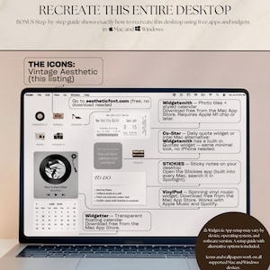 May include: A digital guide for desktop customization displayed on a laptop screen. The image features text instructions, app recommendations like Widgetsmith and VinylPod, and a visual layout of icons, a calendar, a to-do list, and music widgets.